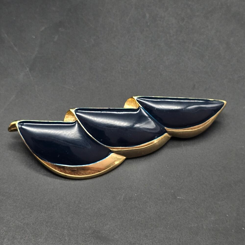 MJ Ent Navy Blue Enamel Brooch Gold Tone Geometric Bar Chunky